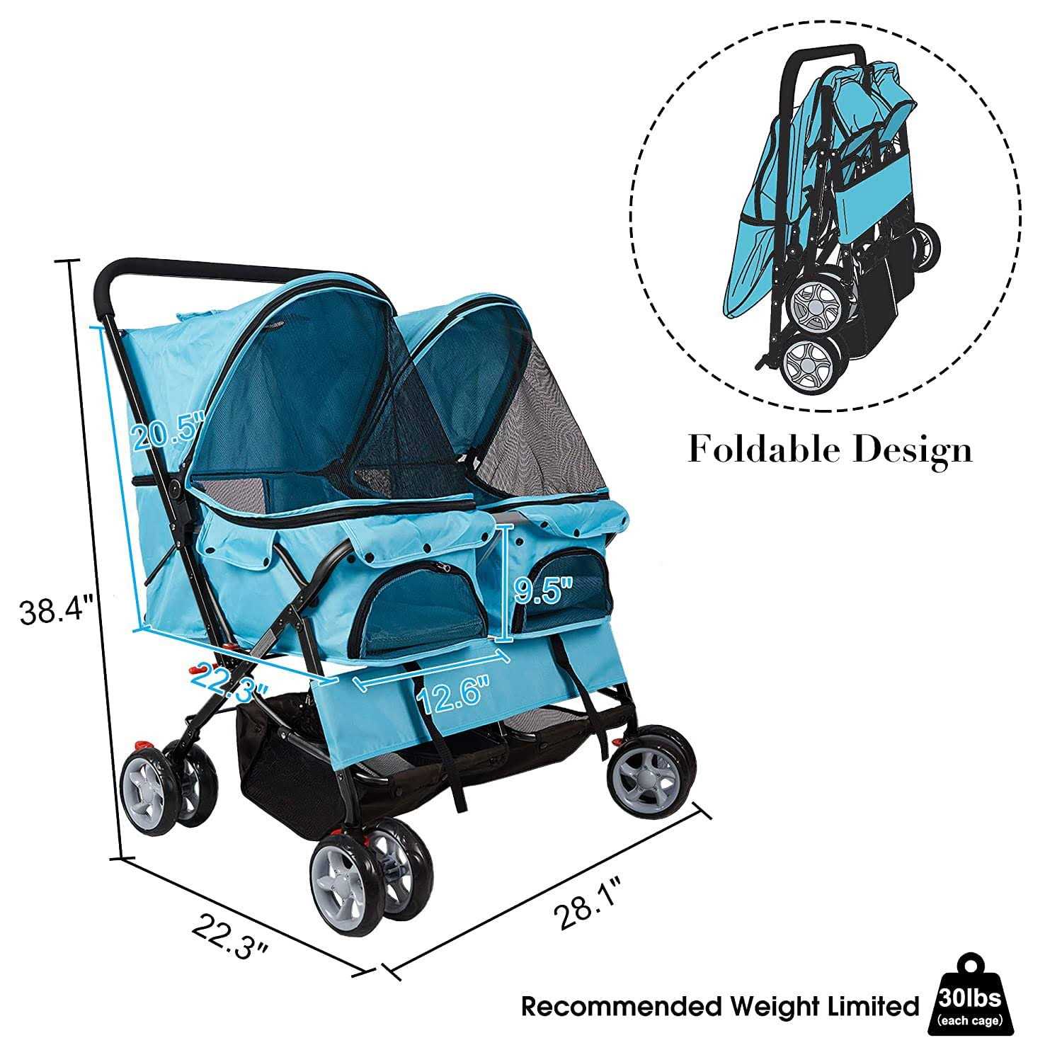 Dporticus Double Pet Stroller Foldable Stroller for 2 Dogs Cats Two-Seater Carrier Strolling Cart for Dog Cat and More Multiple Colors - Pet Supplies online store
