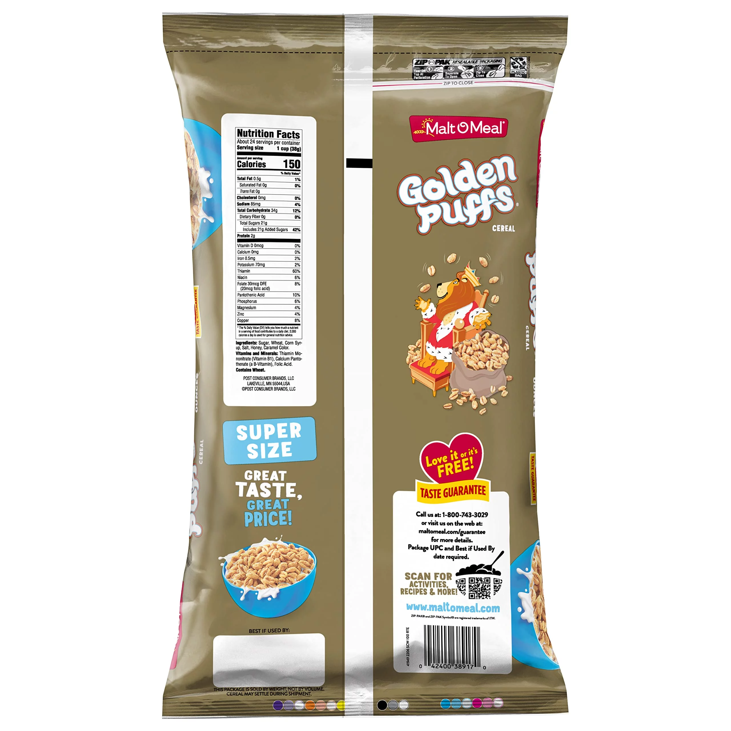 Malt-O-Meal Golden Puffs® Kids Breakfast Cereal, Family Size Bulk Bagged Cereal, (Pack of 4)
