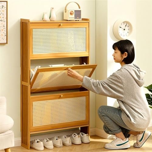 Shoe Rack Slim Shoe Storage Cabinet for Entryway, Bamboo Shoe Organizer with Flip Drawers, Free Standing Shoe Cabinet for Closet, Hallway Shoes Organizer