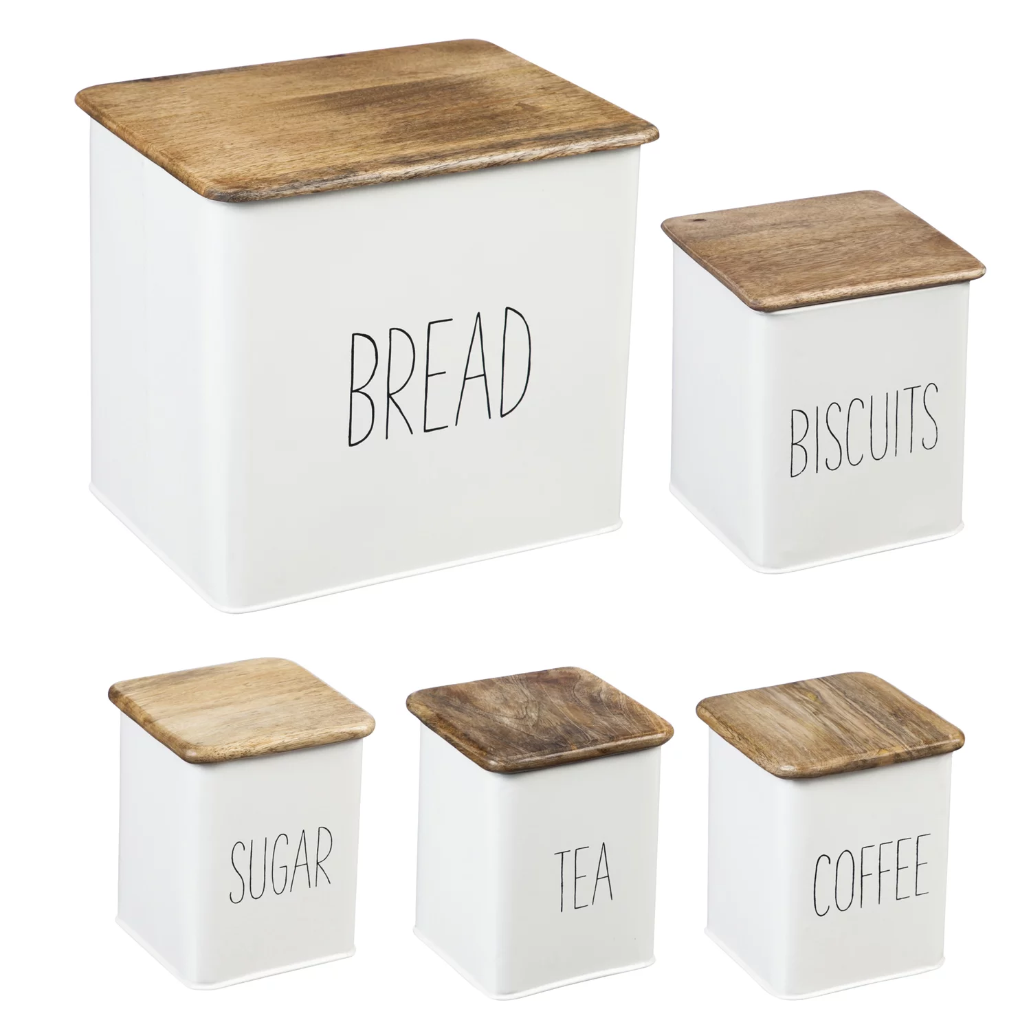 5 Piece Kitchen Canisters with Wooden Top Set, White
