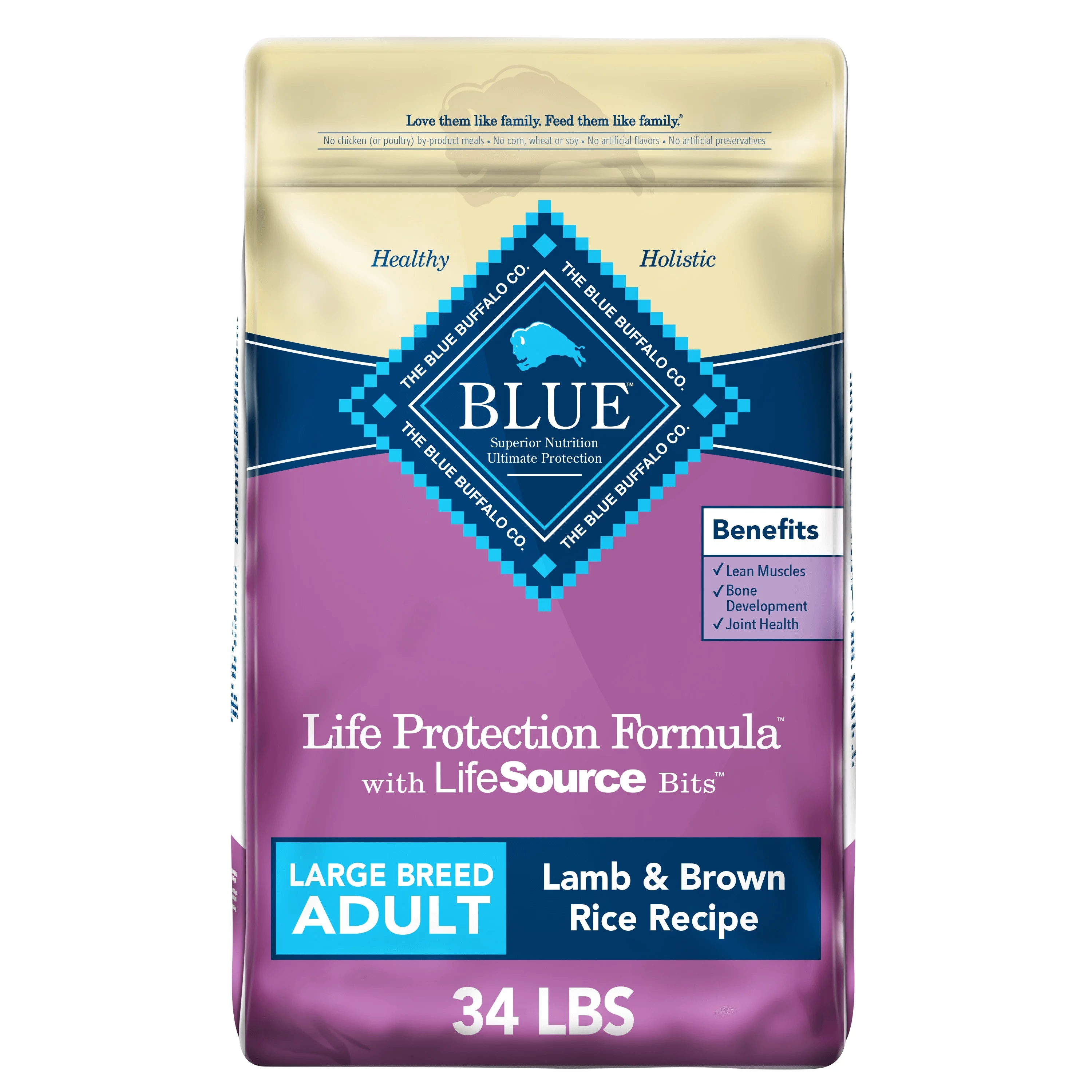 Blue Buffalo Life Protection Formula Lamb and Brown Rice Large Breed Dry Dog Food for Adult Dogs, Whole Grain, 34 lb. Bag