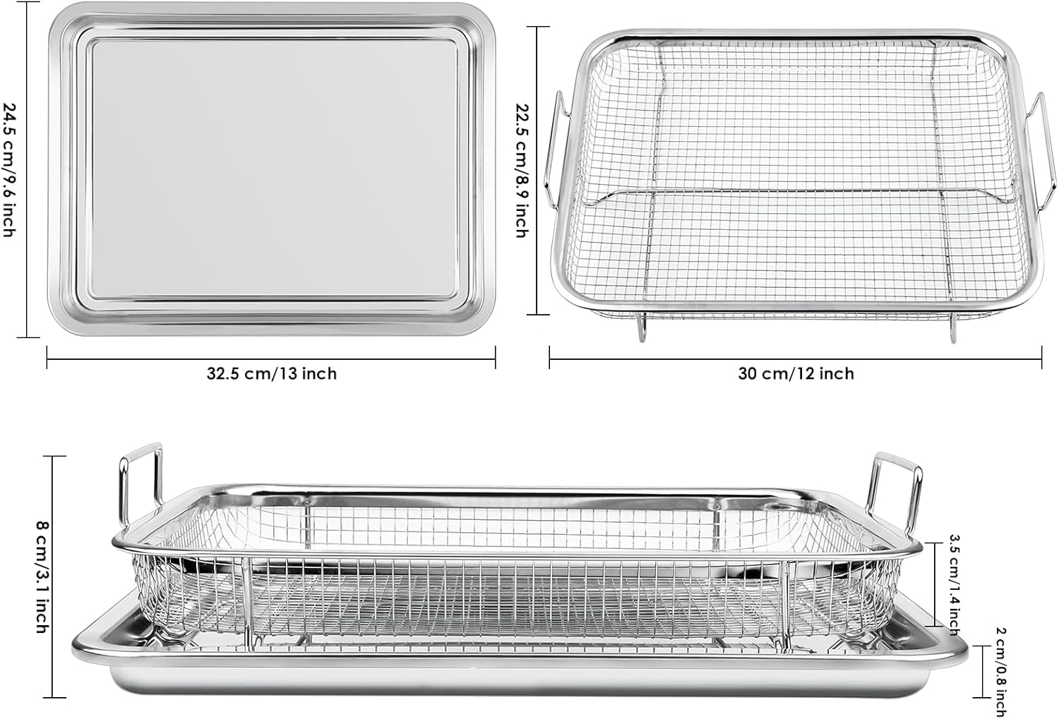 Air Fryer Basket and Tray Set of 2 Pieces 13 x 10 Inches Stainless Steel Filter Basket for Oil Filtering, Cooling Drain, Baking and Crispy Foods