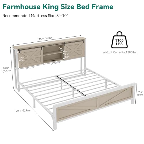 YITAHOME Farmhouse Queen Size Bed Frame with Headboard, Bookcase Storage Shelves, Sliding Barn Door, Charging Station, Rustic Wood Platform Bed, No Box Spring Needed, White
