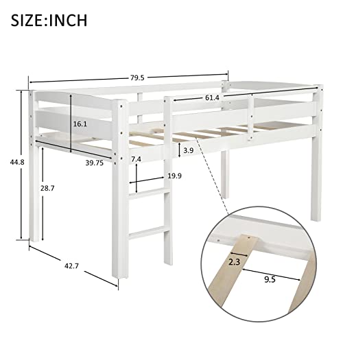 Bellemve Low Loft Bed Twin Size Wooden Loft Bed Frame with Ladder Compatible with Girls Boys Teens, White,bed frame