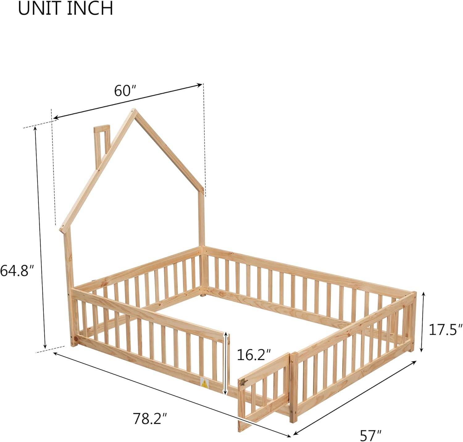 Full Size Floor Bed Frame with Fence & Door, Montessori Floor Bed with House-Shaped Headboard, Toddler Floor Bed for Kids Boys Girls, Easy Assembly, Natural