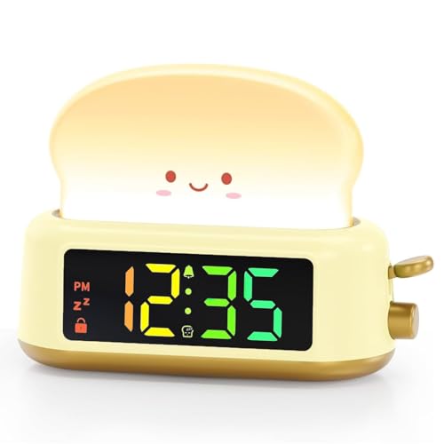 Kids Alarm Clock, Digital Alarm Clock for Bedrooms, Cute Toast Night Light, Timer, Snooze, Adjustable Brightness, Small Bedside Clock for Kids Girls Boys Teens Birthday Room Decor