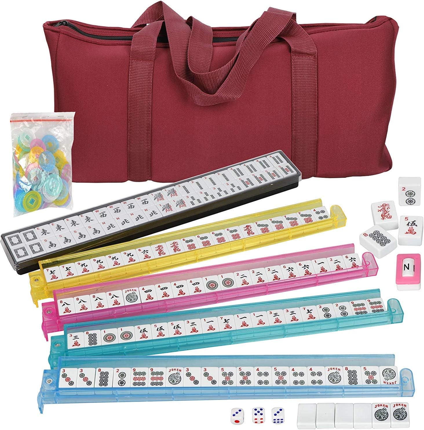 American Mah Jongg Mahjong Set 166 Tiles, 4 Colors All-in-One Rack/Pushers, Red Soft Bag and Accessories –Classic Full Size Complete Mahjongg Mah Jong Set