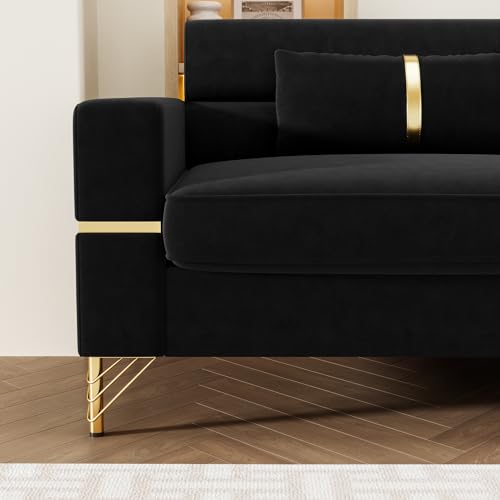 83'' Velvet Sofa, Chesterfield Velvet Upholstered Modern Love seat, with 2 Lumbar Pillows and Round Gold Plated Feet Cream Sofa 3 Seat Living Room Apartment Large Sofa (Khaki)