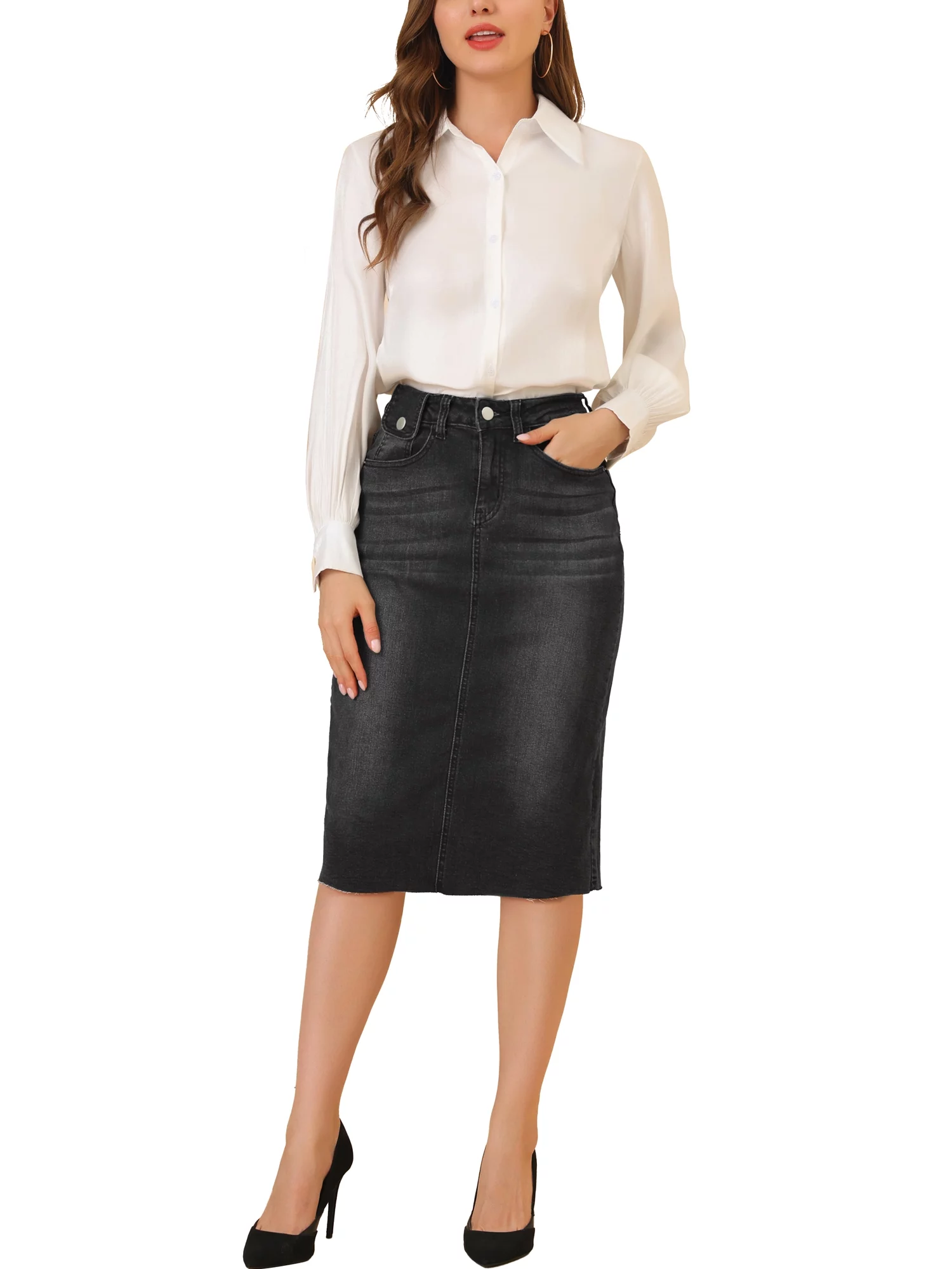 Unique Bargains Women's High Waist Jean Back Vent Midi Length Denim Skirts XS Black