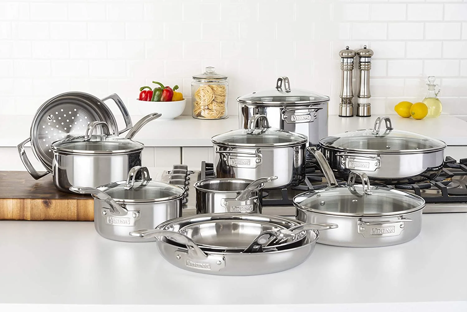durable Viking 3-Ply 17pc Stainless Steel Cookware Set with Glass Lids