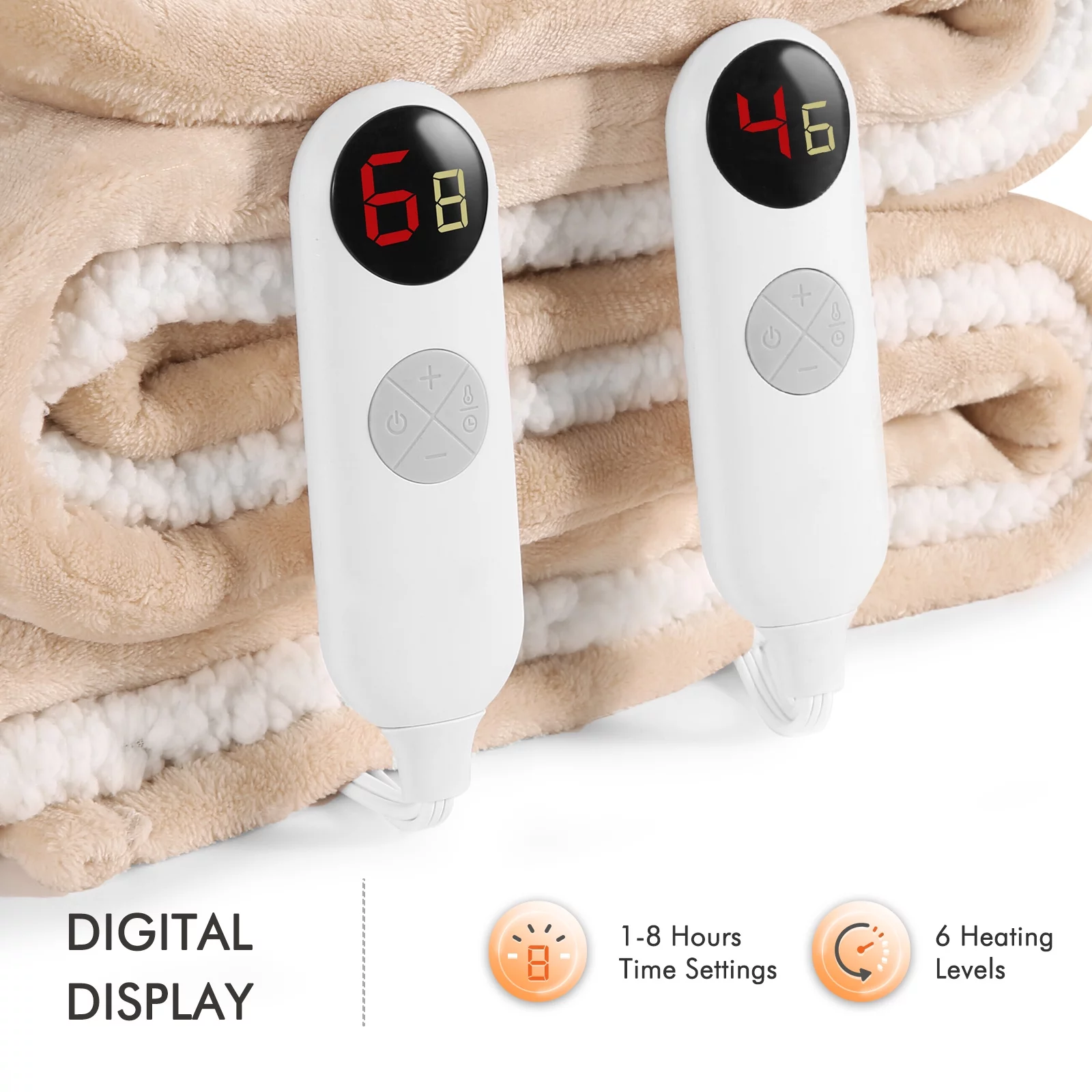 MARNUR Electric Heated Blanket Queen Size 84''x90'', Fast Heating with Dual Controllers, 6 Heating Levels, 8H Time Settings, Machine Washable - Beige