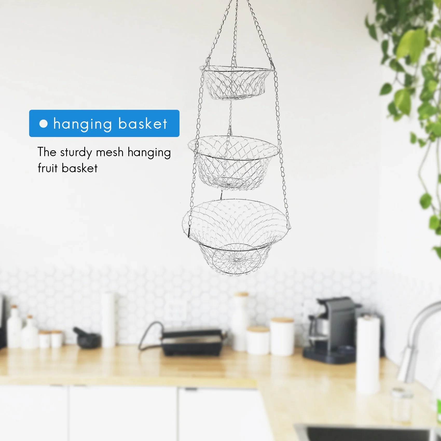 3 Tier Fruit Basket, Vegetable Kitchen Storage Basket Chain Hanging Space Saving Fruits, Plants Basket(Silver)