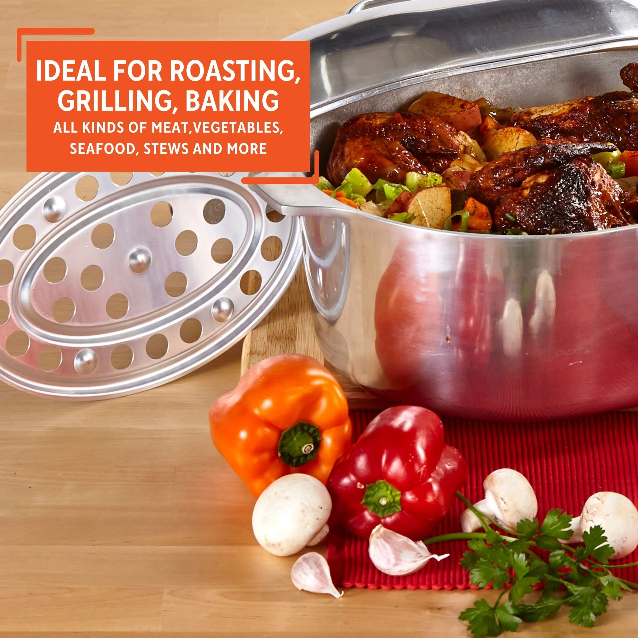 Imusa 15 inch Cajun Oval Heavy Duty Cast Aluminum Roaster Pan with Lid and Roasting Tray, 1 Count