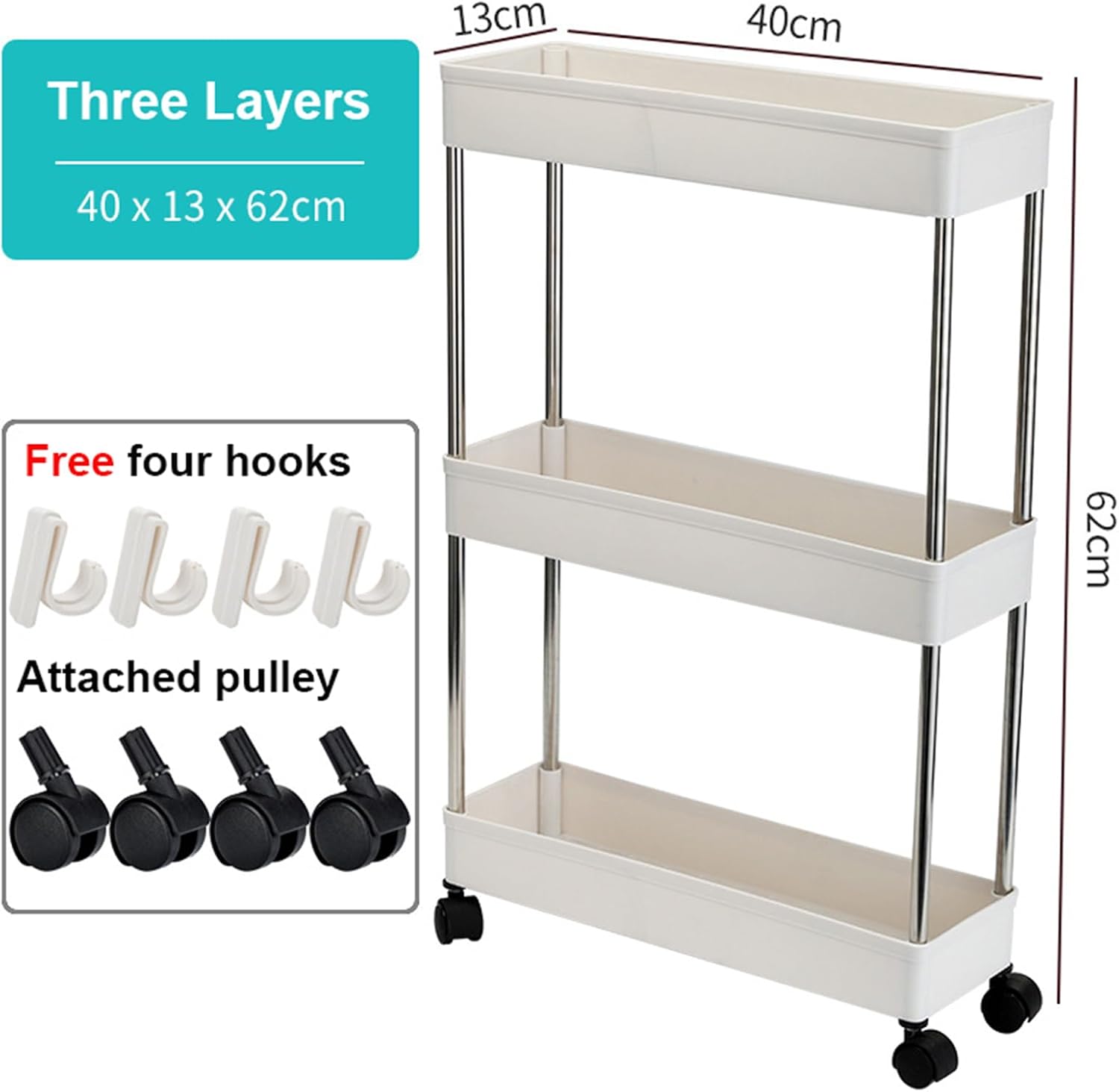 Slim Rolling Storage Cart 3 Tier Organizer Mobile Shelving Unit Utility Cart Tower Rack for Kitchen Laundry Narrow Places, White