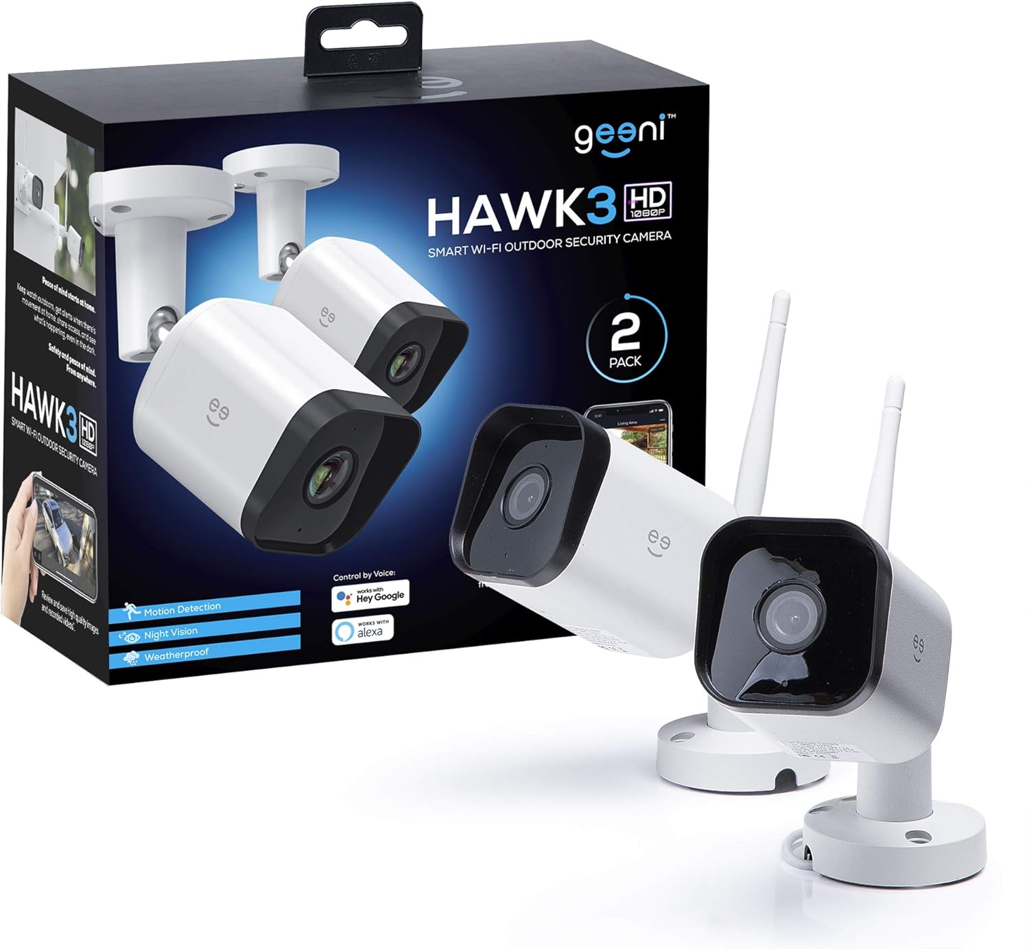Geeni HD Hawk 3 1080p Outdoor Security Camera, IP66 Weatherproof WiFi Surveillance with Night Vision and Motion Detection, Compatible with Alexa and Google Assistant, No Hub Required, 2 Pack