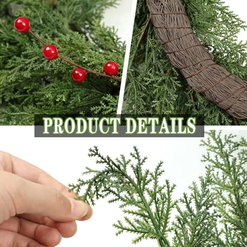 Lush Christmas Wreaths for Front Door with Red Berries Christmas Decorations 24 inch Real Touch Faux Cedar Wreath Large Winter Green Wreaths for Windows Outdoor Indoor Walls Home Xmas Holiday Decor