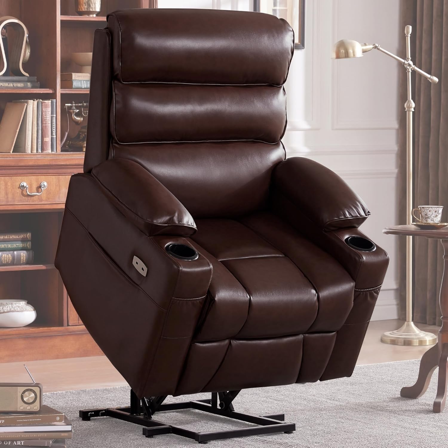 Leather Power Lift Recliner Chair for Elderly with Massage and Heated, Electric Lift Chair for Seniors, Cup Holders, Side Pocket and USB Port
