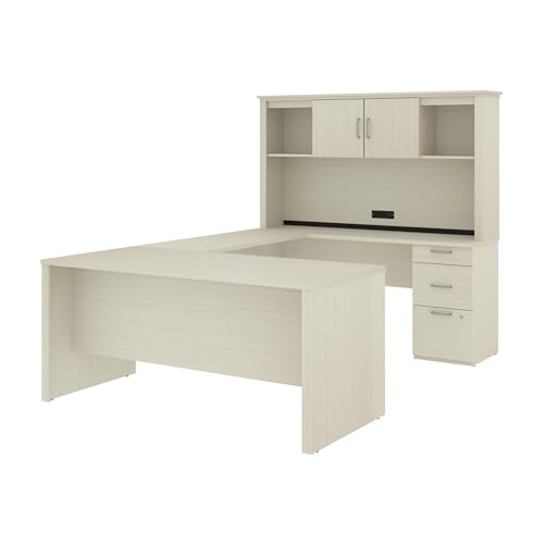 Bestar Logan 66W U or L-Shaped Executive Office Desk with Pedestal and Hutch in Bark Grey, Table Workstation for Personal Home Workspace