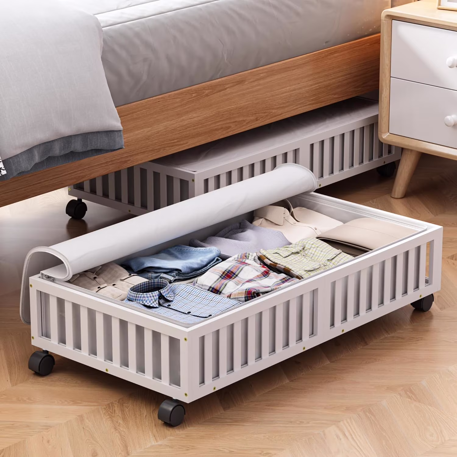 Under Bed Storage Containers with Wheels, 2 Pack Under the Bed Shoe Storage Bins, Large Wood Rolling Underbed Drawers Organizer for Bedroom Sheet Clothes Comforter, Under Crib Toy Storage White
