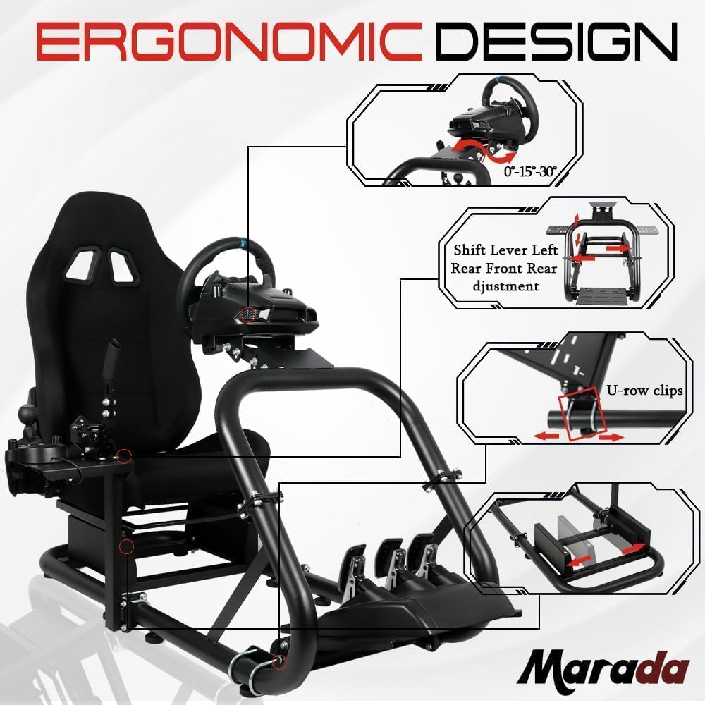 Marada Racing Simulator Cockpit with Comfort Seat Fit for Logitech/Thrustmaster/Fanatec G25 G27 G29 G920 G923 T300,Adjustable Sim Gaming Stand,No Wheel Pedal Shifter