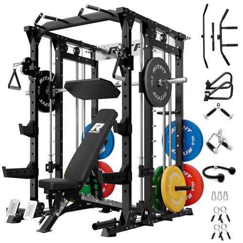 RitFit Buffalo Smith Machine, Power cage with LAT-Pull Down System & Cable Crossover System, All-in-One Squat Rack for Home Gym, Power Rack