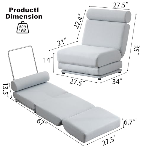 INMOZATA Futon Sofa Bed,Convertible Folding Sleeper Chair,Portable Single Futon Sofa Couch Linen Foldable Sofa Bed for Living Room,Dorm,Guest Room,Home Office,Loft, Apartment,Small Space,Blue