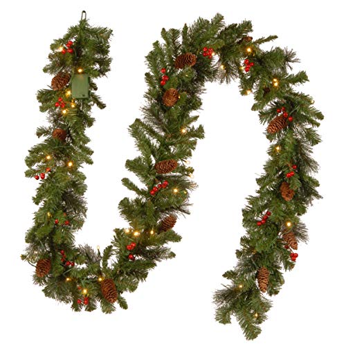 National Tree Company 9 ft Pre-Lit Crestwood Spruce Artificial Christmas Garland, Christmas Decoration with Glitter, Pinecones, Red Berries, 50 Warm White LED Lights, 180 Tips, Timer, Green