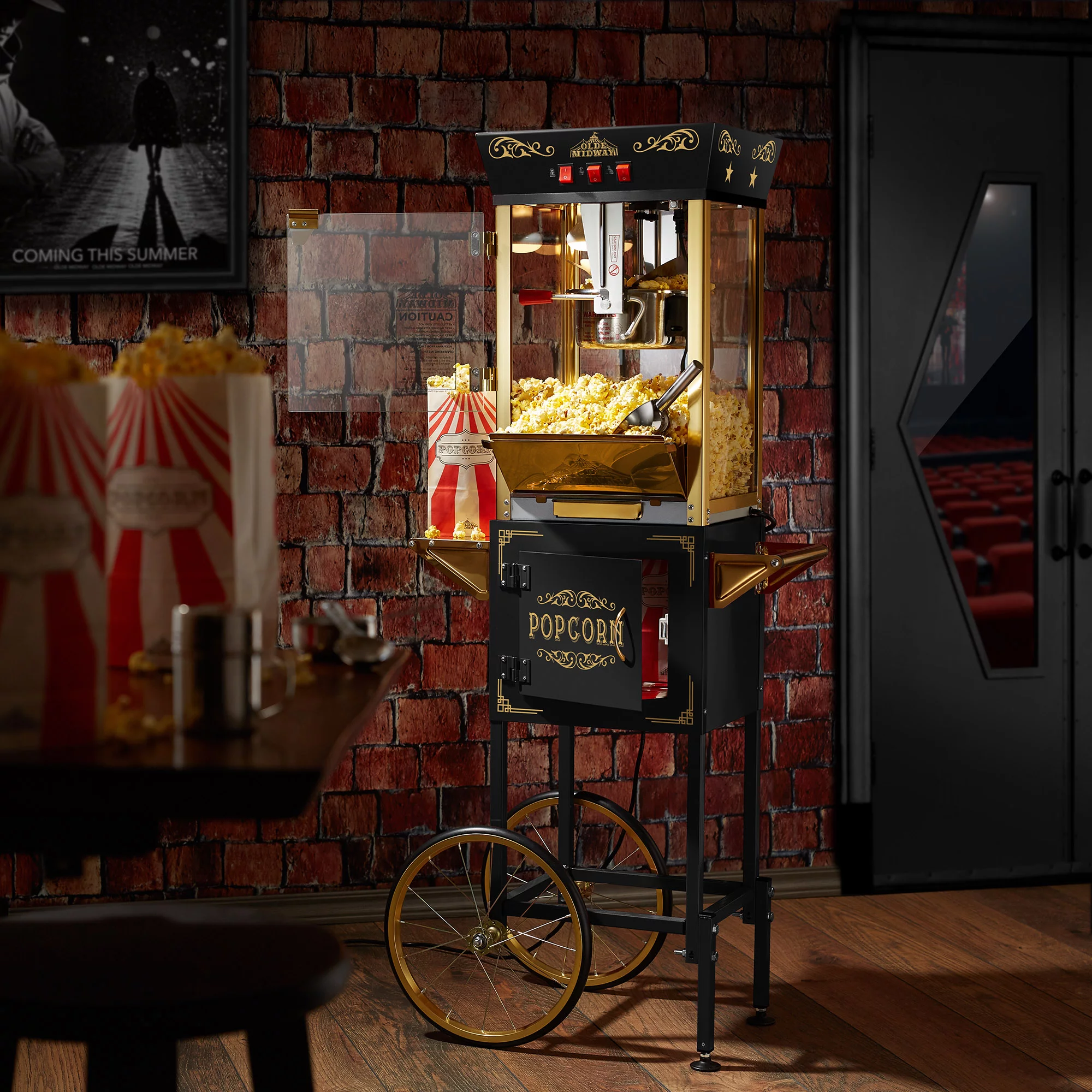 Olde Midway Movie Theater-Style Popcorn Machine with Cart and 8 oz Kettle, Black