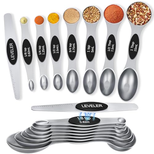 Magnetic Measuring Cups and Spoons Set, Heavy Duty 304 Stainless Steel Fits in Most Kitchen Spice Jars for Baking & Cooking, BPA Free, Set of 15 with Leveler, Colorful
