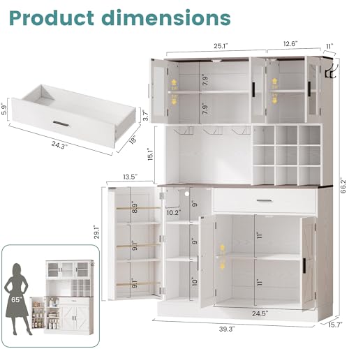 ANCTOR Kitchen Hutch Cabinet with Storage Tall Pantry Storage Cabinet with Glass Doors, Power Outlet, Microwave Stand, Adjustable Shelves, Drawer, Tall Wine Cabinet for Living Room Dining Room, White