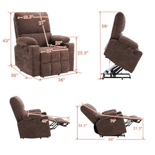 Power Lift Recliner Chair with Extended Footrest, Electric Lift Recliner Chair with Heat and Massage for Elderly, Lift Chair Cup Holders,USB & Type C Ports, Luxurious Chenille Fabric (Coffee)