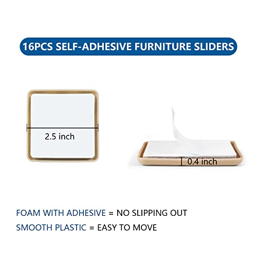 Self-Adhesive Furniture Slider, 2.5Inch Self-Adhesive Furniture Moving Pads, Adhesive Carpet Slider is Suitable for Carpet 16 Pieces, Furniture Moving Slide-Easily Move Any Item