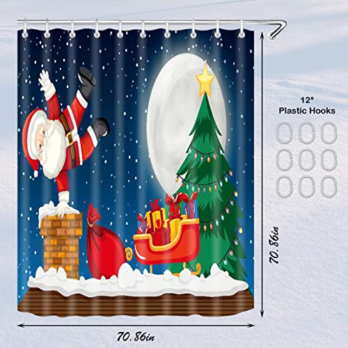 ALIBBON Christmas Shower Curtain, Snowman Santa Waterproof Bath Curtain, Snow Scenery Shower Curtains for Bathroom, Holiday Blue Cloth Fabric Shower Curtains with Hooks for Bathroom Decor 71