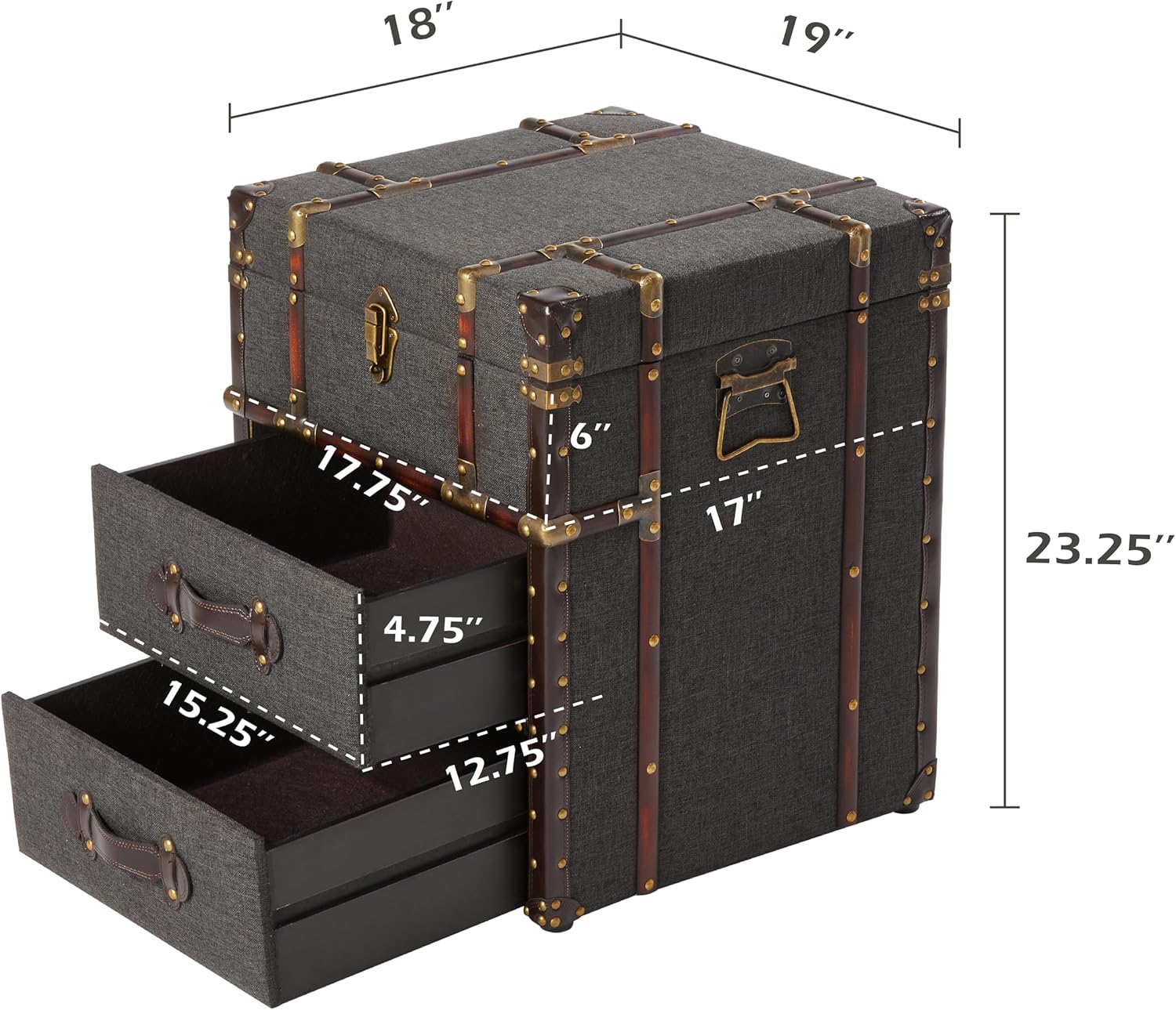 Vintage Storage Chest with Buckle Hinged Top, Linen Accent End Side Table for Living Room, Office, Bedroom, Rectangle, Grey