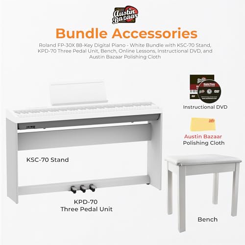 Roland FP-30X 88-Key Digital Piano - Black Bundle with Adjustable Stand, Bench, Sustain Pedal, Online Piano Lessons, Instructional DVD, and Austin Bazaar Polishing Cloth