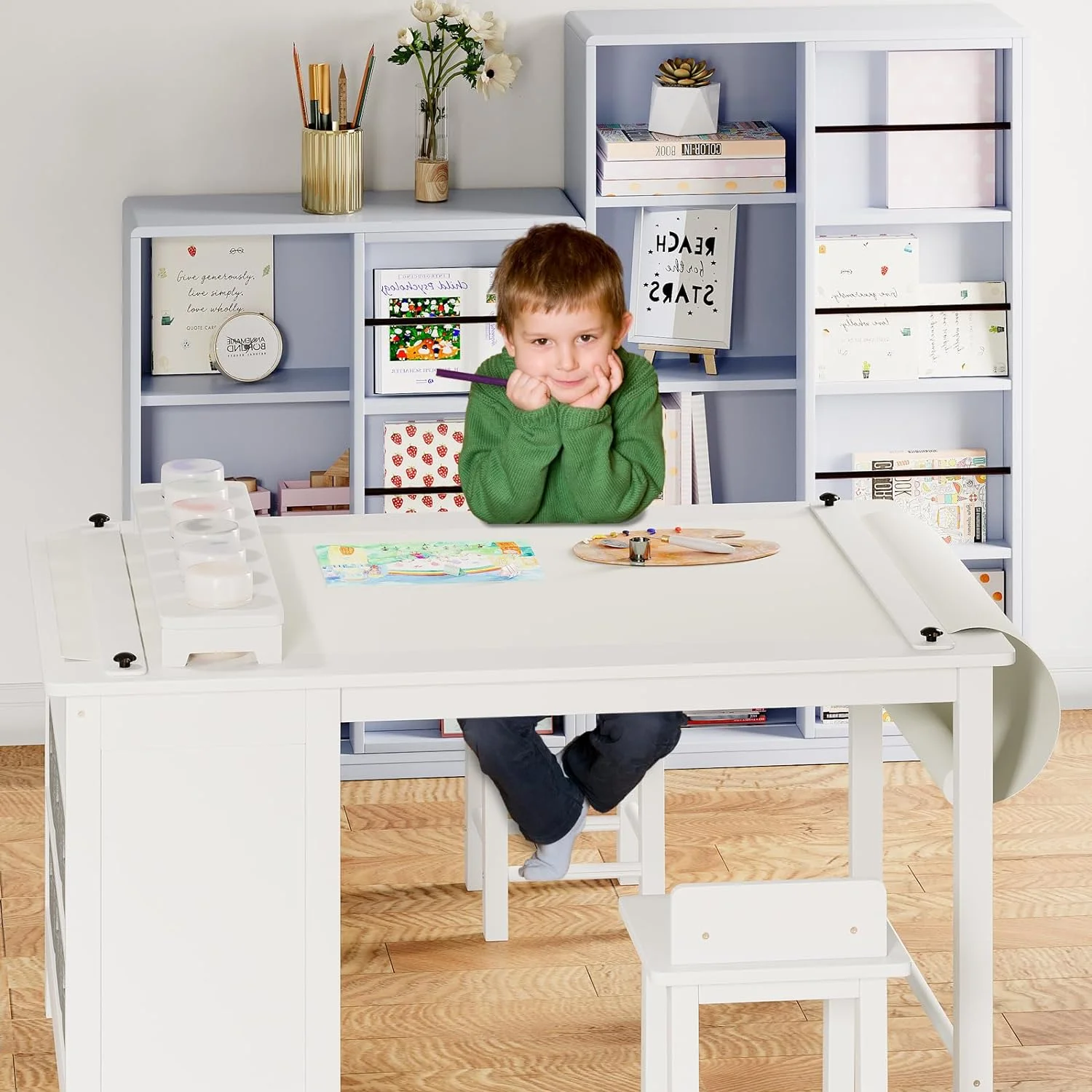 Kids Art Table and Chair Set, Linor Wooden Childern Desk, Kids Craft Table with Two Chairs, Storage Shelves, Canvas Bins, Paper Roll, Kids Desk and Chair Set for Drawing and Painting