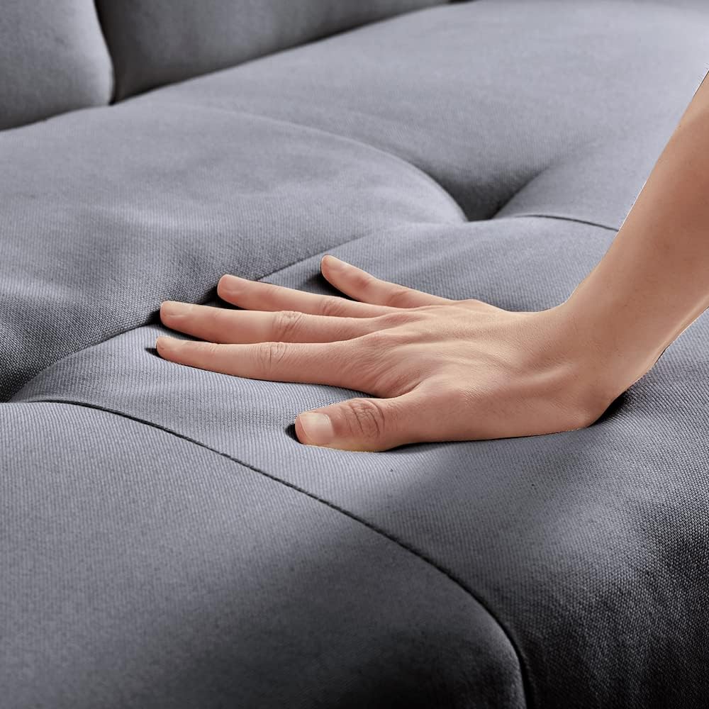 Convertible Folding Futon Sofa Bed, Fabric Linen Upholstered Modern Couch Loveseat Sleeper, Folding Daybed Guest Bed, Removable Armrests, 2 Cup Holders, Metal Legs，Gray