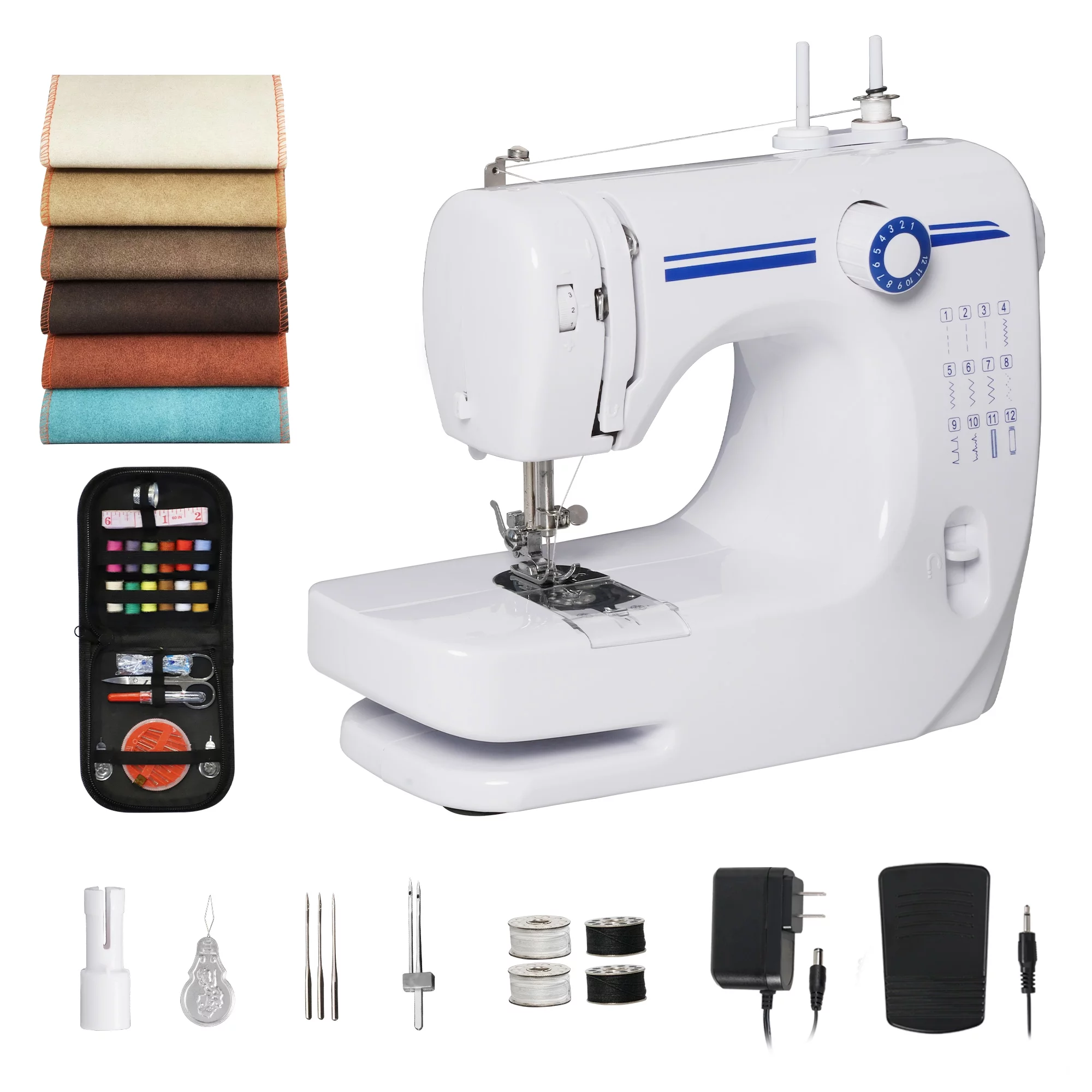 Sewing Machine for Beginners, Portable Mini Sewing Machine, Upgraded Double Needle Sewing, 12 Built-in Stitches, 2 Speeds Double Thread with Foot Pedal, Sewing Machine for Kids, Adults, Blue
