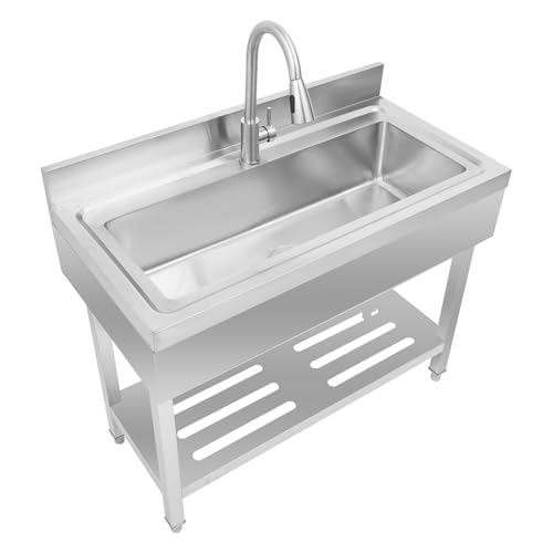 Stainless Steel Kitchen Sink 50L Freestanding Single Bowl Utility Sink with Cold and Hot Water Pipe and Pull-Out Faucet Utility Washing Hand Basin with Storage Shelf Laundry Tub for Indoor Outdoor