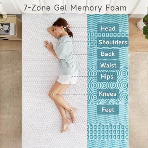 7 Zone Foam Mattress Topper 3 Inch, ONBRILL Cooling Gel Mattress Topper with Knitted Cotton Cover, Zonal Support Sponge CertiPUR-US and Oeko-TEX Certification - Queen