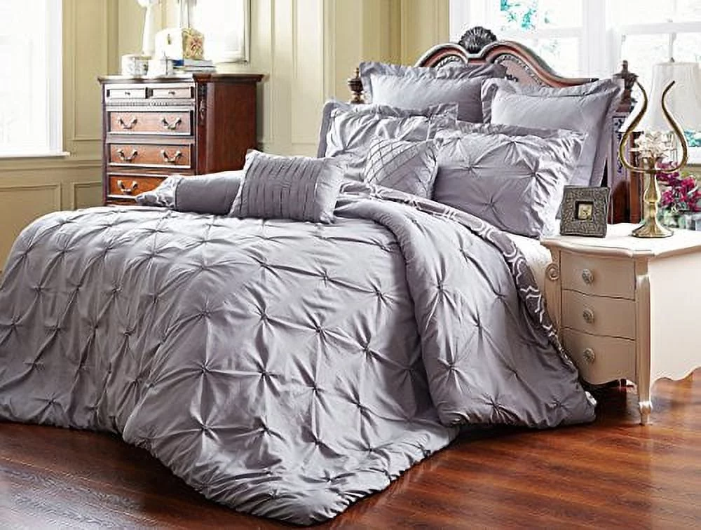 Unique Home Pinch Pleat 8 Piece Reversible Comforter Set Bed In a Bag Clearance Bedding Comforter Duvet, Fade Resistance, Super Soft (Queen, Grey)
