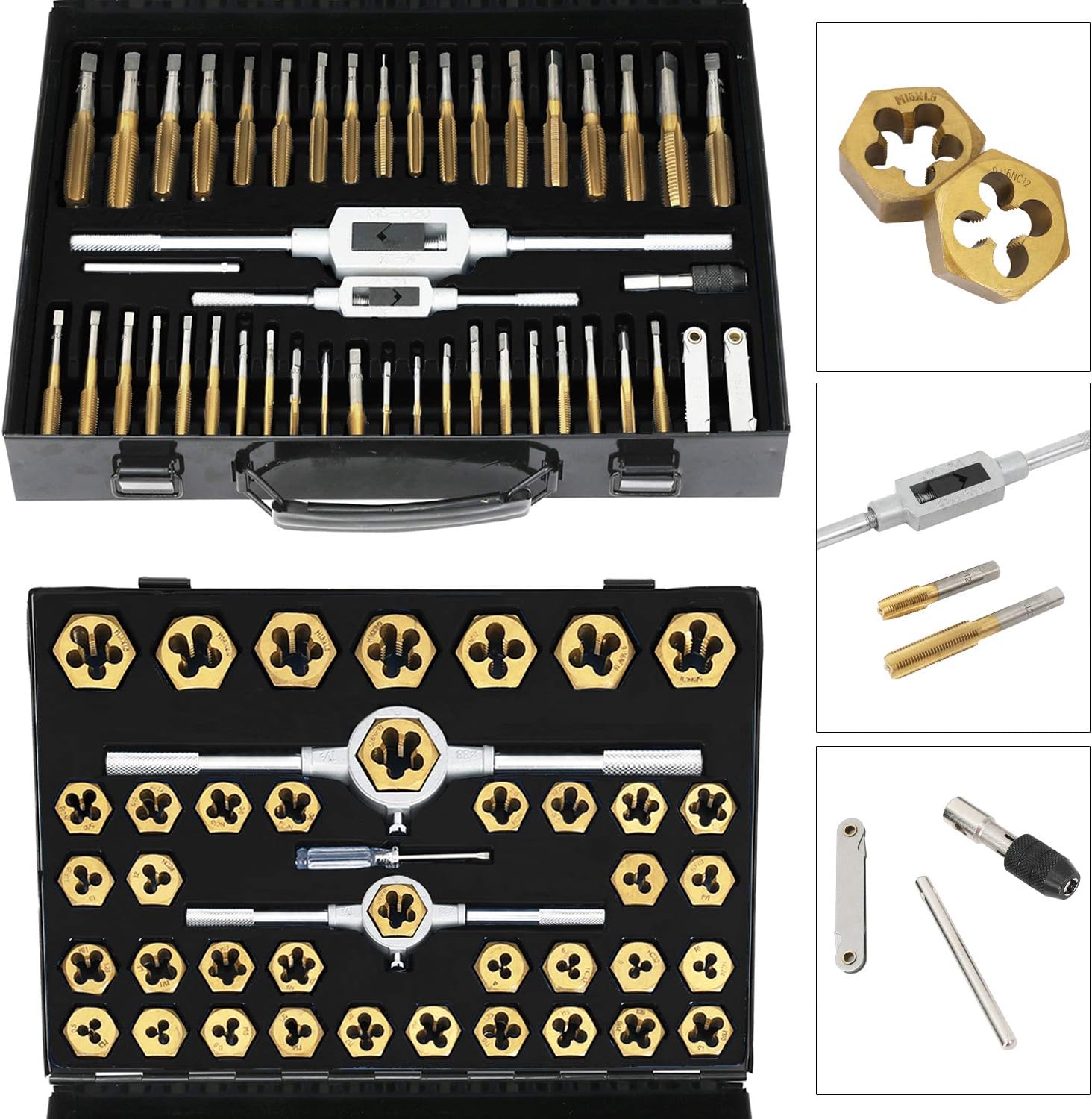 86 Piece Metric and SAE Standard Tap and Die Bearing Steel Tools Set, Titanium Coated with Metal Carrying Case Amazing Tour