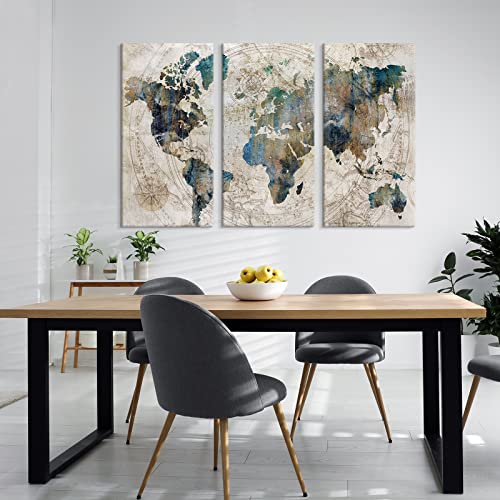 Vintage World Map Canvas Wall Art Large Poster Teal Blue Painting Pictures Artwork Decor for Living Room Bedroom Office Kitchen Decorations 16