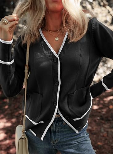 Dokotoo Short Cardigans for Women Color Blocked 2024 Fall Fashion Button Down Sweaters Winter Coats with Pockets