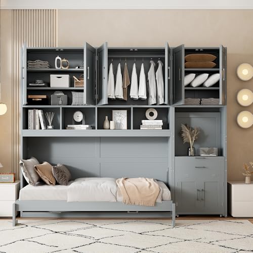 Harper & Bright Designs Twin Size Murphy Bed, Wooden Twin Wall Bed Frame with Closet, Drawers & Desk, White