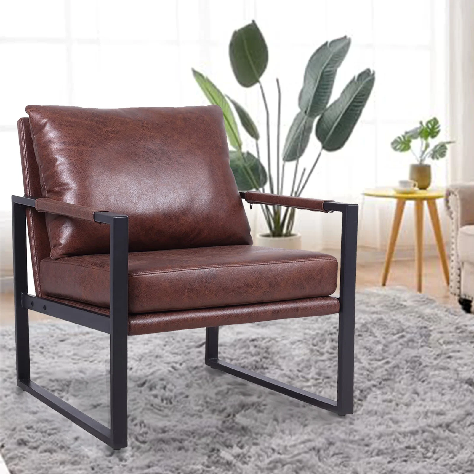 Accent Chair Mid Century Modern Chair for Living Room, Armchair Faux Leather Upholstered Chair with Metal Frame Zipper Padded, Single Sofa Chair Reading Chair for Bedroom Reception, Brown