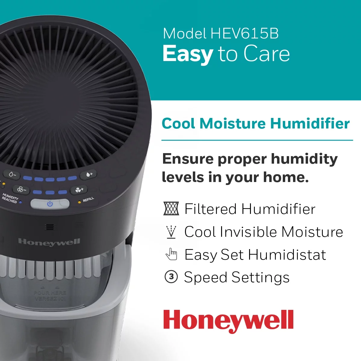 Honeywell 1.7 gal 500 sq ft Top Fill Cool Moisture Tower Humidifier with Humidistat Black, HEV615B