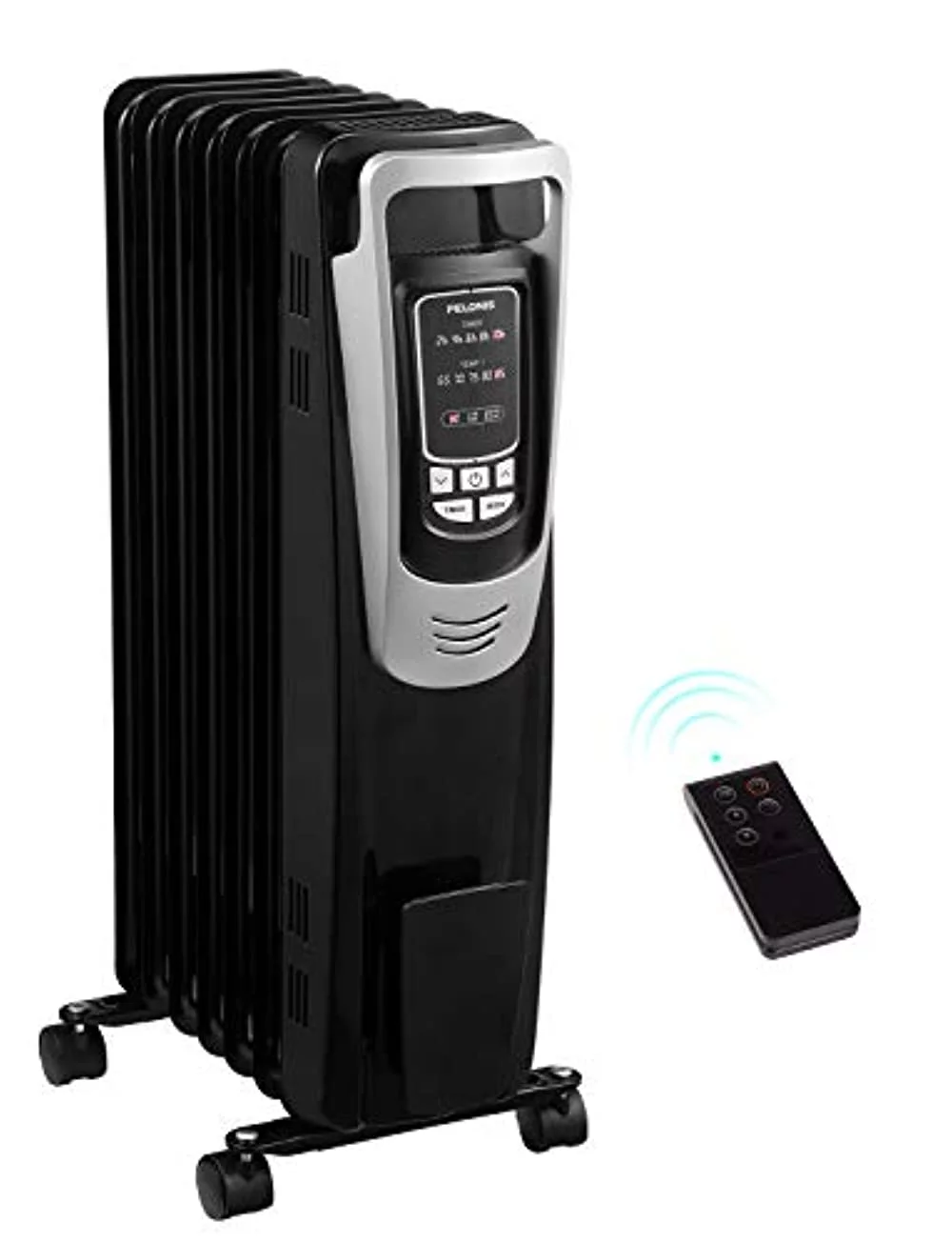 PELONIS Electric, 1500W Portable Oil-Filled Radiator Space Heater with Programmable Thermostat, Remote Control, and 10-Hour Timer for Home&Office, NY1507-14A, Black, 25.59