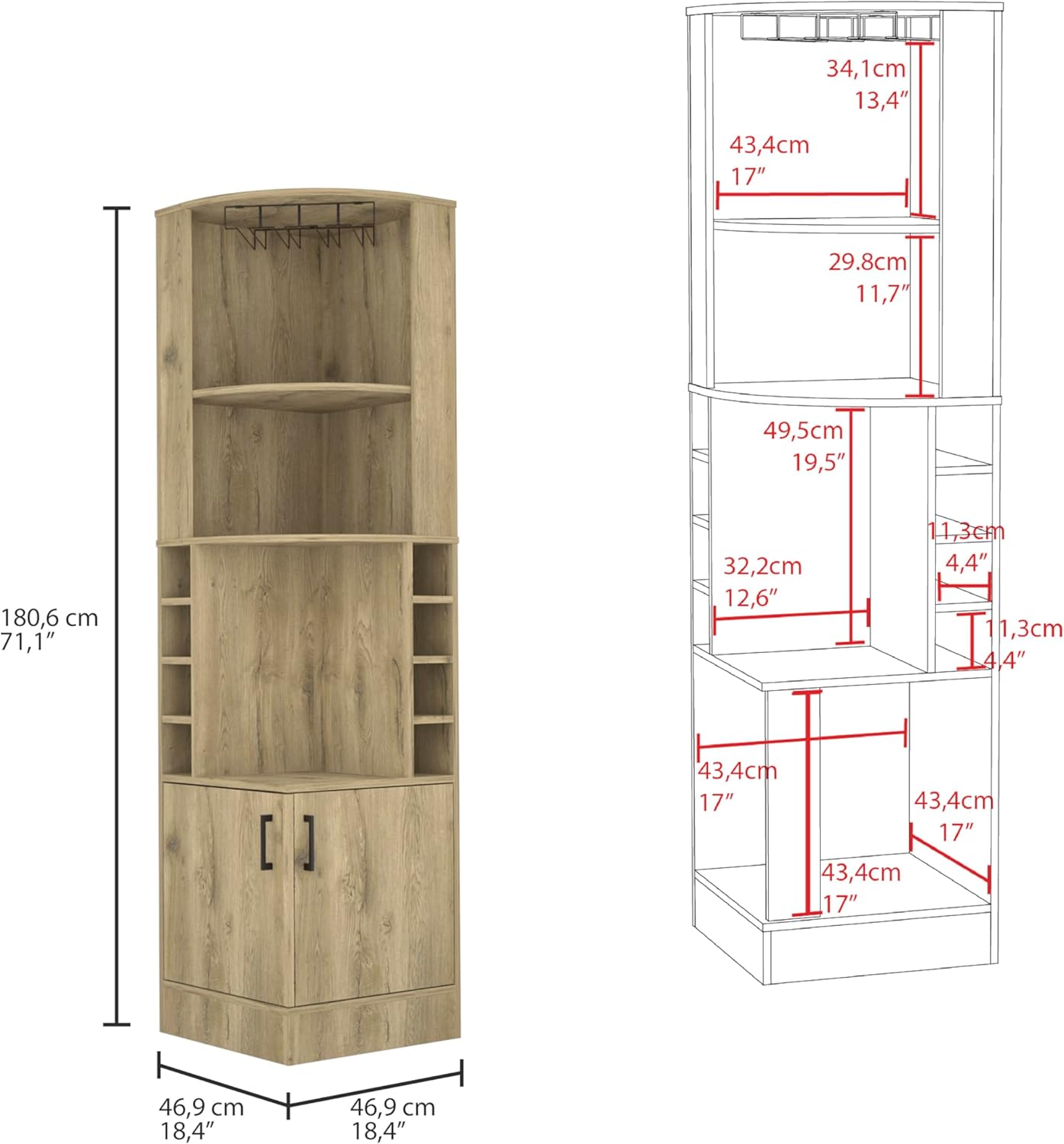 71 Inch Tall Corner Bar Unit Wine Cabinet with Storage for Home Bar, Living Room, Kitchen, Aged Oak