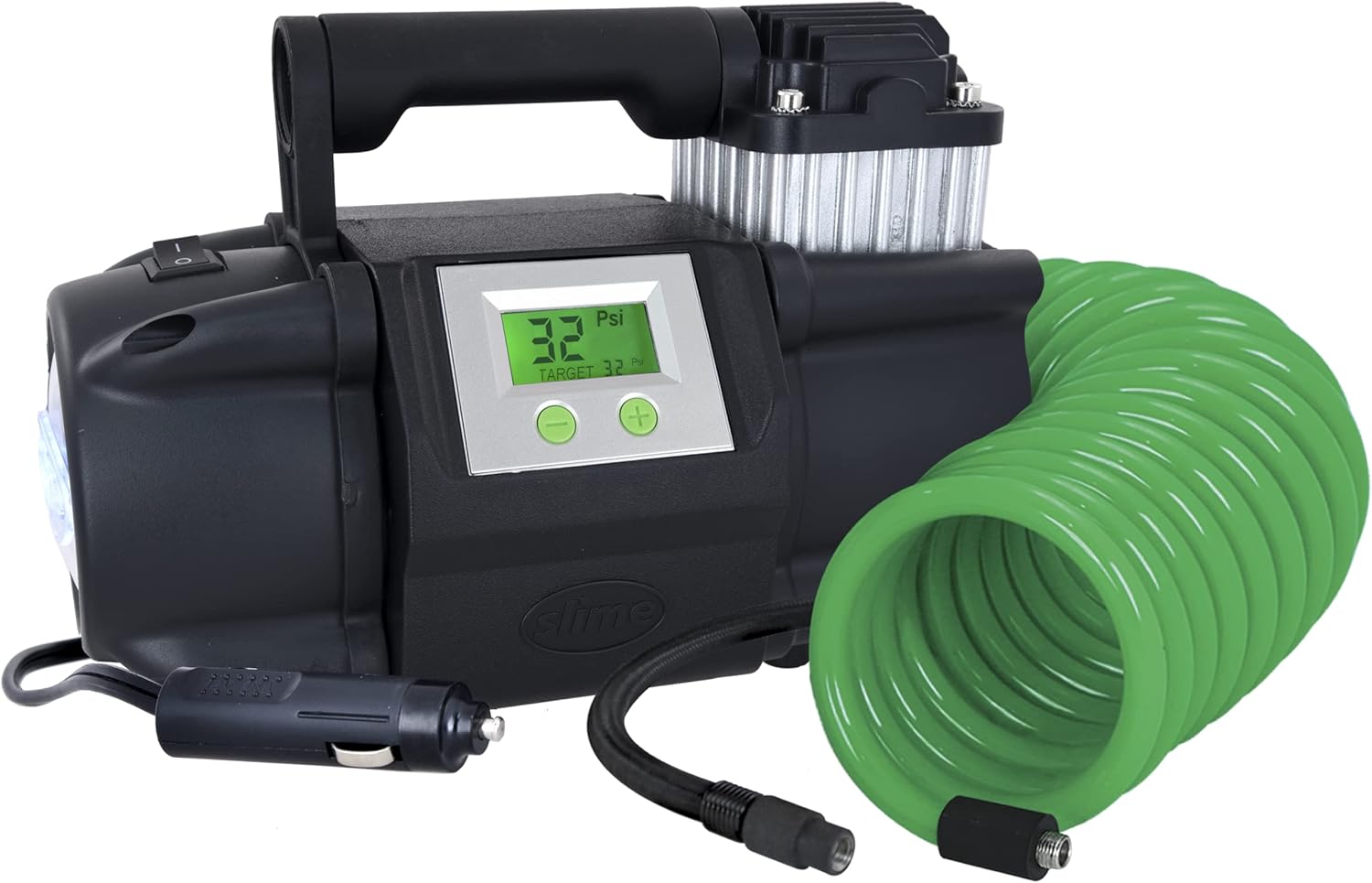 Slime 40063 Tire Inflator, Portable Car, SUV, 4x4 Air Compressor, Elite Heavy Duty, Inflate Right Automatic Shut Off, with Digital 99 psi Display, Long Hose and LED Light, 12V, 3 min Inflation Pack of 2